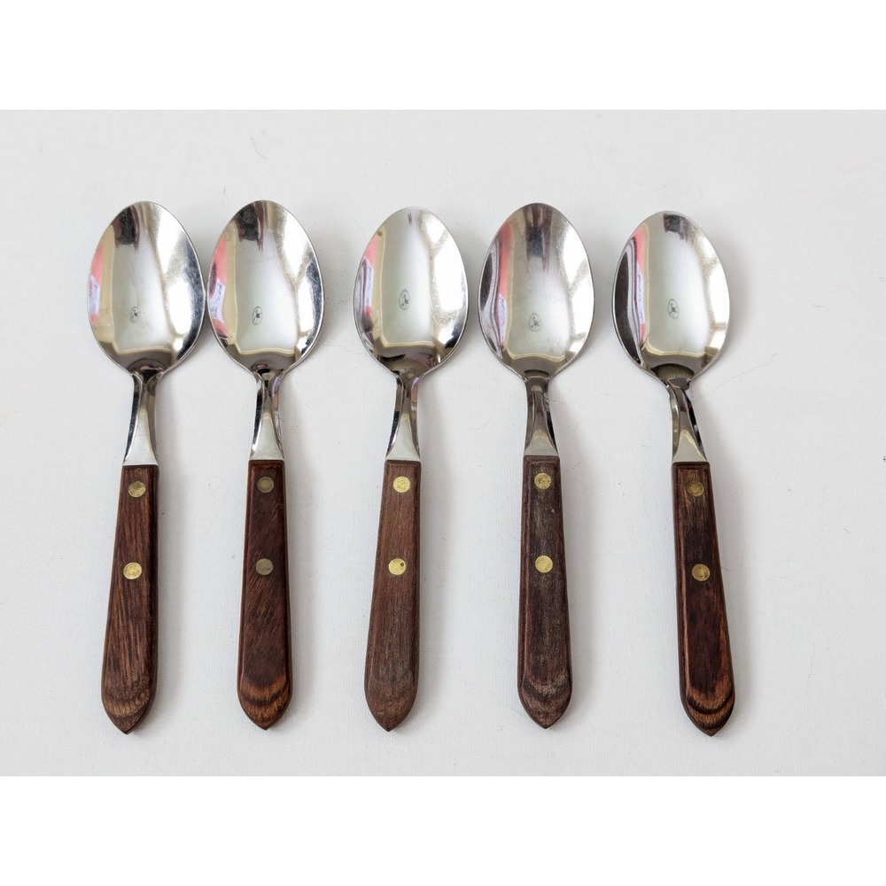 5 VTG Washington Forge TOWN & COUNTRY 7" Oval Soup Place Spoon WOOD HANDLE USA